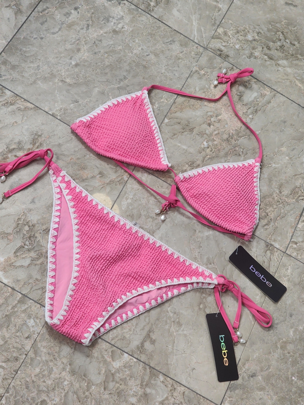 bebe Hot Pink Crochet Triangle Bikini with White Trim